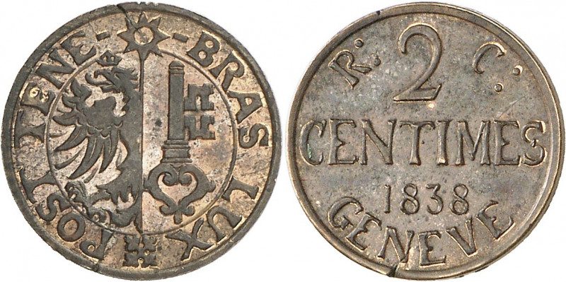 Genève, le système décimal. 2 Centimes 1838. ESSAI en CUIVRE par A. Bovy. Frappe...