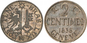 Genève, le système décimal. 2 Centimes 1838. ESSAI en CUIVRE par A. Bovy. Frappe monnaie. Armoiries genevoises dans un cercle. Soleil au-dessus / Vale...