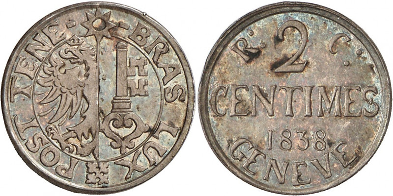 Genève, le système décimal. 2 Centimes 1838. ESSAI en ARGENT par A. Bovy. Frappe...