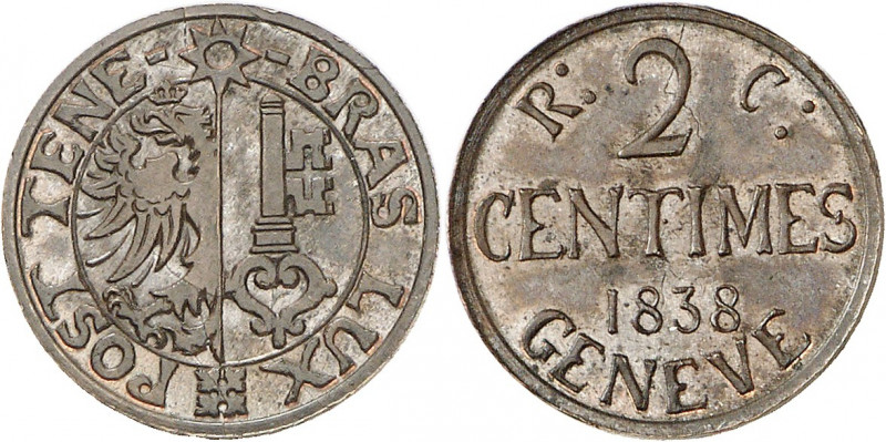 Genève, le système décimal. 2 Centimes 1838. ESSAI FLAN ÉPAIS en CUIVRE par A. B...