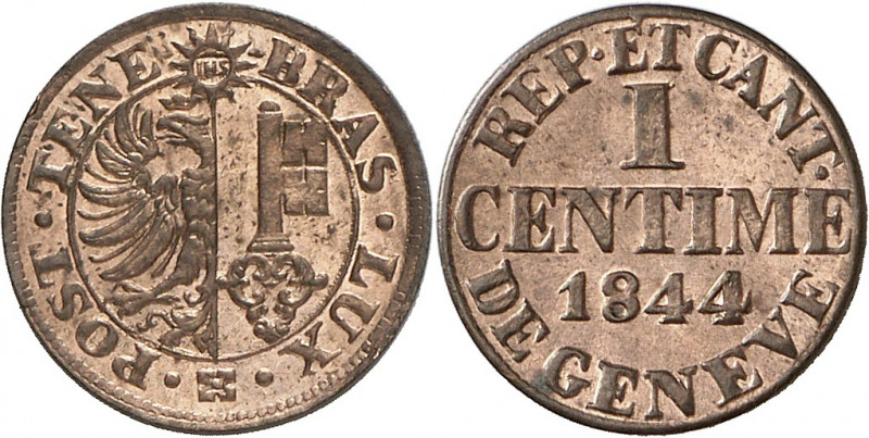 Genève, le système décimal. 1 Centime 1844. Armoiries genevoises dans un cercle....