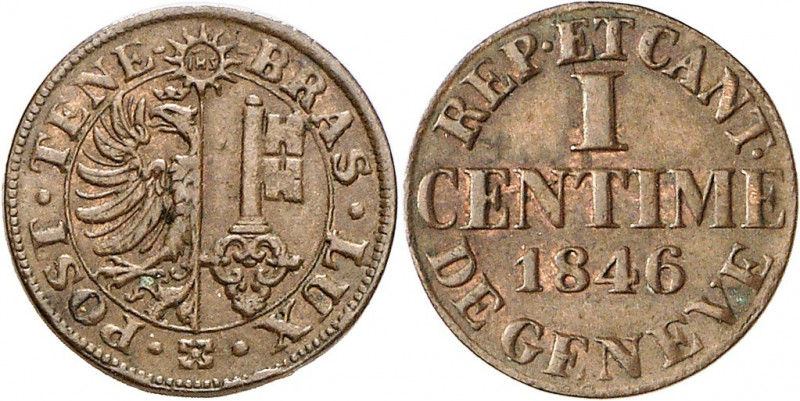 Genève, le système décimal. 1 Centime 1846. Armoiries genevoises dans un cercle....