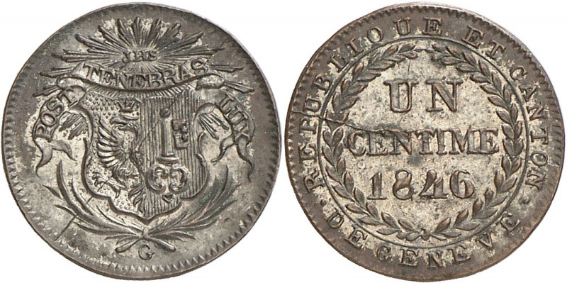 Genève, le système décimal. 1 Centime 1846. ESSAI en BILLION par Goellner. Ecu d...