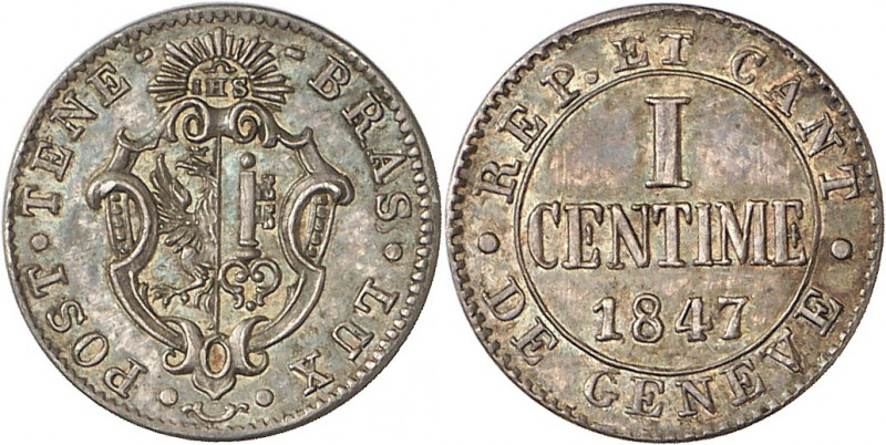 Genève, le système décimal. 1 Centime 1847. ESSAI en ARGENT par A. Bovet. Ecu de...