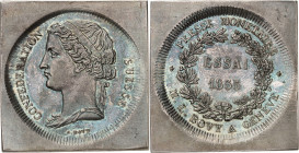 Genève et la Suisse. Module de 5 Francs 1855. ESSAI en ARGENT sur FLAN CARRÉ, par A. Bovy. Buste drapé et coiffé d'un bandeau à gauche. Nom du graveur...