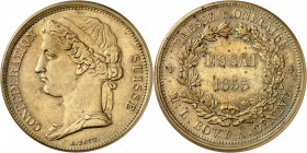 Genève et la Suisse. Module de 5 Francs 1855. ESSAI en LAITON, par A. Bovy. Buste drapé et coiffé d'un bandeau à gauche. Nom du graveur au-dessous / M...