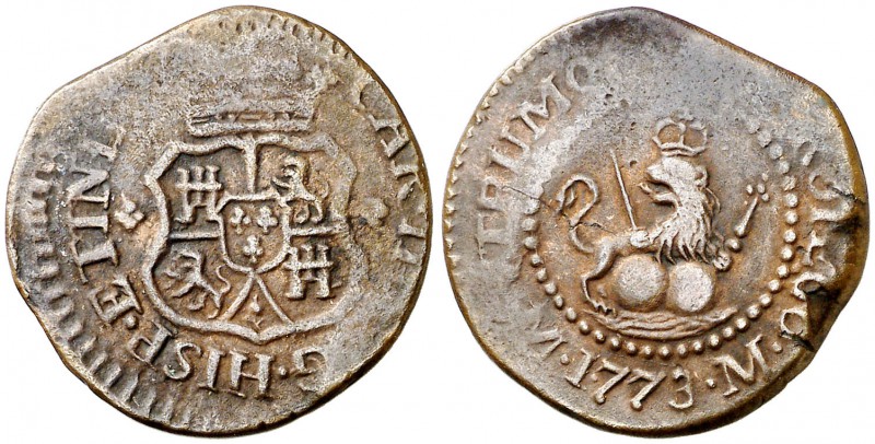 1773. Carlos III. Manila. 1 cuarto. (Cal. 1864) (Basso 7) (Kr. 2). 3,36 g. Acuña...