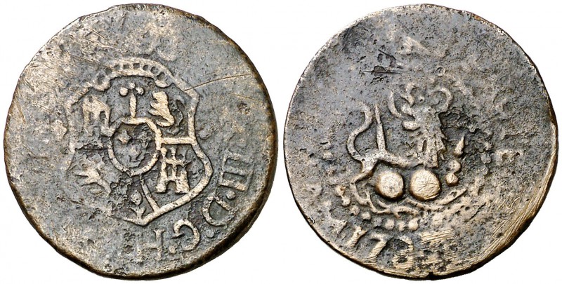 1783. Carlos III. Manila. 1 cuarto. (Cal. 1866) (Basso 10) (Kr. 2). 3,50 g. Vari...