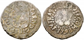 1798. Carlos IV. Manila. 1 cuarto. (Cal. 1472) (Basso 12) (Kr. 6). 1,96 g. 20 mm. Fecha grande. Escasa. BC+.