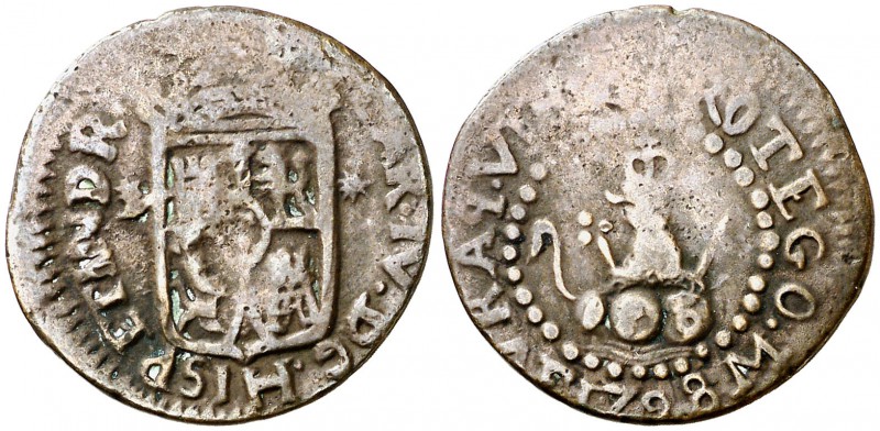 1798. Carlos IV. Manila. 1 cuarto. (Cal. 1472) (Basso 12) (Kr. 6). 2,76 g. Diáme...