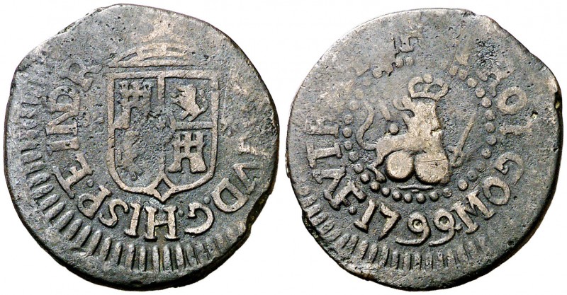 1799. Carlos IV. Manila. 1 cuarto. (Cal. 1473) (Basso 14) (Kr. 6). 3,61 g. Fecha...