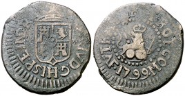 1799. Carlos IV. Manila. 1 cuarto. (Cal. 1473) (Basso 14) (Kr. 6). 3,61 g. Fecha muy rara. Basso dice conocer sólo 4 ejemplares. (MBC+).