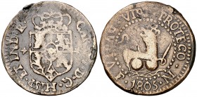 1805. Carlos IV. Manila. 1 cuarto. (Cal. 1474) (Basso 15) (Kr. 6). 3,01 g. Fecha pequeña. Esmaltada. Escasa. (MBC-).