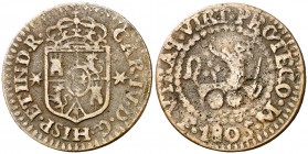 1805. Carlos IV. Manila. 1 cuarto. (Cal. 1474) (Basso 15) (Kr. 6). 2,83 g. Fecha grande. Escasa. MBC.