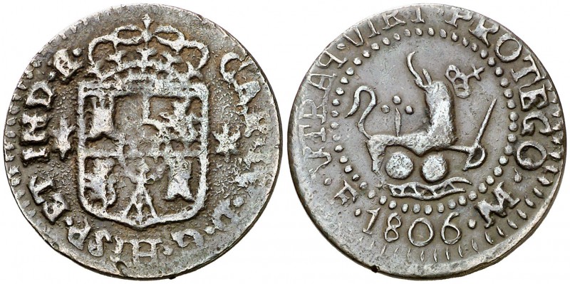 1806. Carlos IV. Manila. 1 cuarto. (Cal. 1475) (Basso 16) (Kr. 6). 3,12 g. Letra...
