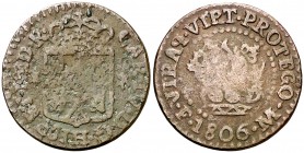 1806. Carlos IV. Manila. 1 cuarto. (Cal. 1475) (Basso 16) (Kr. 6). 3,50 g. Letras cortas y gruesas. Escasa. BC+.