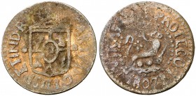 1807. Carlos IV. Manila. 1 cuarto. (Cal. 1477) (Basso 17) (Kr. 6). 3,29 g. Cuarteles cambiados. Muy escasa. BC+.