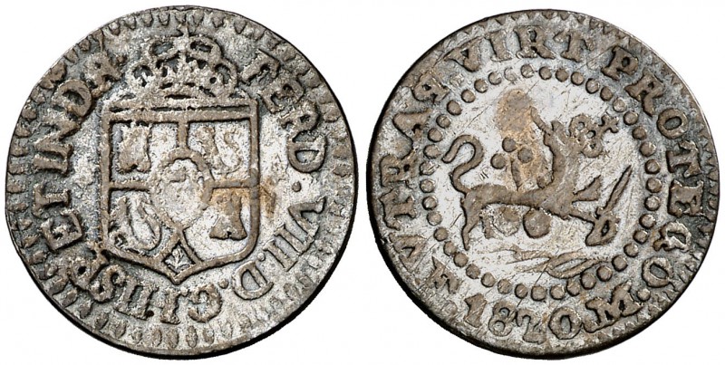 1820. Fernando VII. Manila. 1 octavo. (Cal. 1614) (Basso 23) (Kr. 8). 1,92 g. Es...