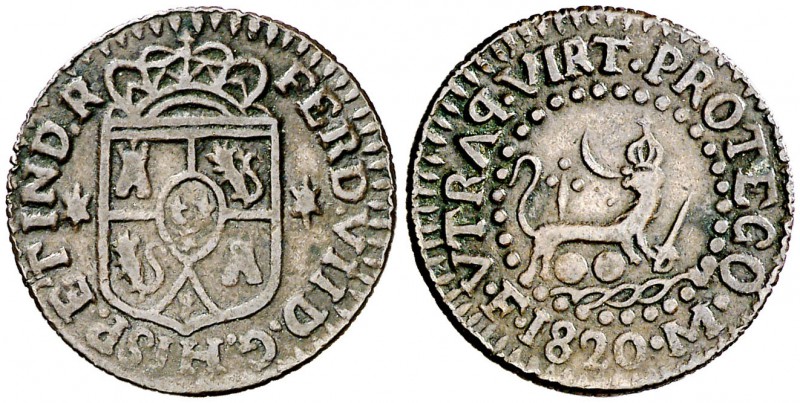 1820. Fernando VII. Manila. 1 octavo. (Cal. 1614) (Basso 23) (Kr. 8). 1,65 g. Va...