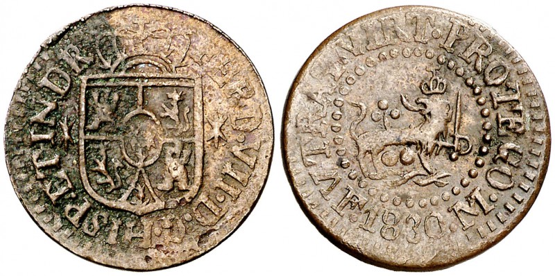 1830. Fernando VII. Manila. 1 octavo. (Cal. 1616) (Basso 24) (Kr. 8). 1,89 g. Ex...
