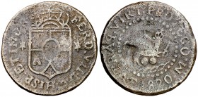1820. Fernando VII. Manila. 1 cuarto. (Cal. 1601) (Basso 25) (Kr. 7). 4,25 g. Cuarteles cambiados. BC+.