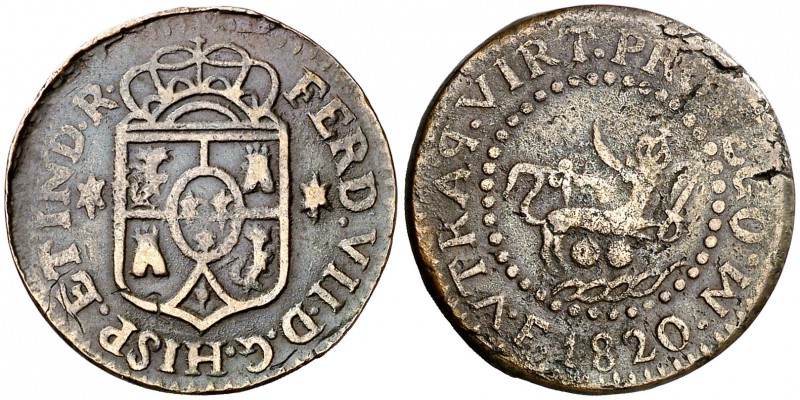 1820. Fernando VII. Manila. 1 cuarto. (Cal. 1601) (Basso 25) (Kr. 7). 4,31 g. Cu...
