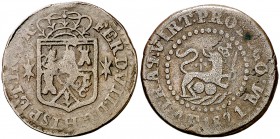 1821. Fernando VII. Manila. 1 cuarto. (Cal. 1602) (Basso 26) (Kr. 7). 3,74 g. Cuarteles cambiados y leones a derecha. Rara. MBC-/MBC.