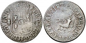 1826. Fernando VII. Manila. 1 cuarto. (Cal. 1606) (Basso 31) (Kr. 7). 3 g. Escasa. MBC-.