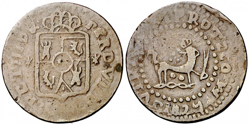1827. Fernando VII. Manila. 1 cuarto. (Cal. 1607) (Basso 32) (Kr. 7). 3 g. Rever...