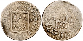 1827. Fernando VII. Manila. 1 cuarto. (Cal. 1607) (Basso 32) (Kr. 7). 2,63 g. Reverso girado 90º. Ex Áureo 09/04/2003, nº 1695. Rara. BC+.