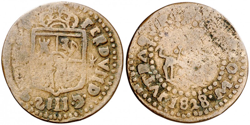 1828. Fernando VII. Manila. 1 cuarto. (Cal. 1608) (Basso 33) (Kr. 7). 3,01 g. Re...