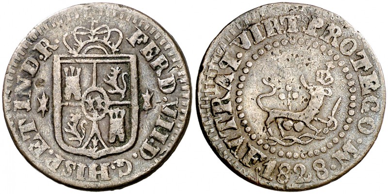 1828. Fernando VII. Manila. 1 cuarto. (Cal. 1608) (Basso 33) (Kr. 7). 3,94 g. Bu...