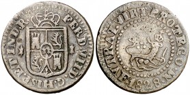 1828. Fernando VII. Manila. 1 cuarto. (Cal. 1608) (Basso 33) (Kr. 7). 3,94 g. Buen ejemplar. Ex Colección Mariana Pineda, Áureo 16/11/2005, nº 31. Rar...