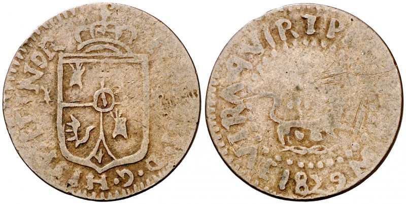 1829. Fernando VII. Manila. 1 cuarto. (Cal. 1609) (Basso 34) (Kr. 7). 2,49 g. Co...