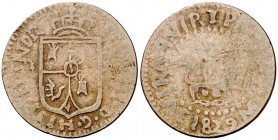 1829. Fernando VII. Manila. 1 cuarto. (Cal. 1609) (Basso 34) (Kr. 7). 2,49 g. Corona sobre el escudo distinta. MBC-/BC+.