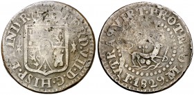 1829. Fernando VII. Manila. 1 cuarto. (Cal. 1609) (Basso 34) (Kr. 7). 4,15 g. Espada del león grande. Acuñación muy cuidada, con letras regulares y bi...