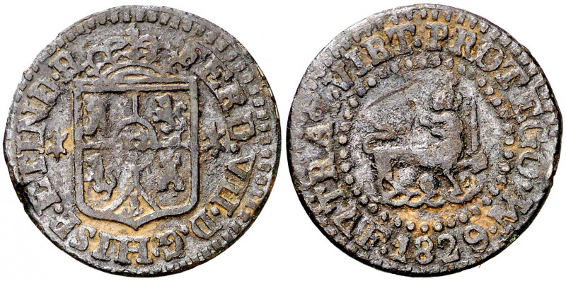 1829. Fernando VII. Manila. 1 cuarto. (Cal. 1609) (Basso 34b) (Kr. 7). 3 g. León...