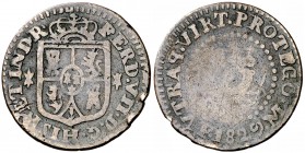 1829. Fernando VII. Manila. 1 cuarto. (Cal. 1609 var) (Basso 34 var) (Kr. 7 var). 2,86 g. El 9 de la fecha peculiar. MBC-/BC.