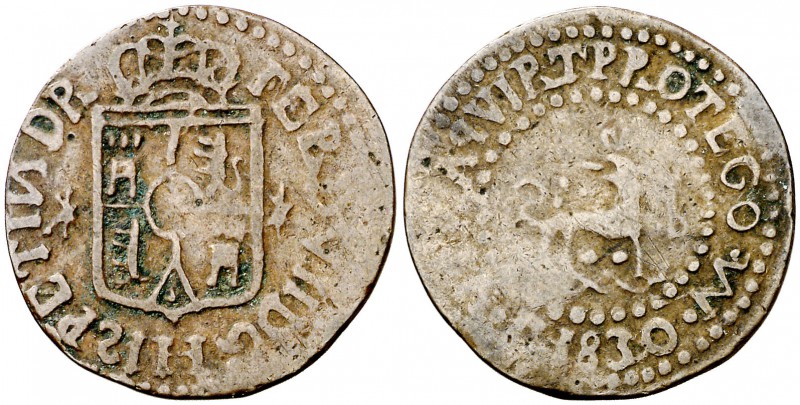 1830. Fernando VII. Manila. 1 cuarto. (Cal. 1610) (Basso 35) (Kr. 7). 2,10 g. MB...