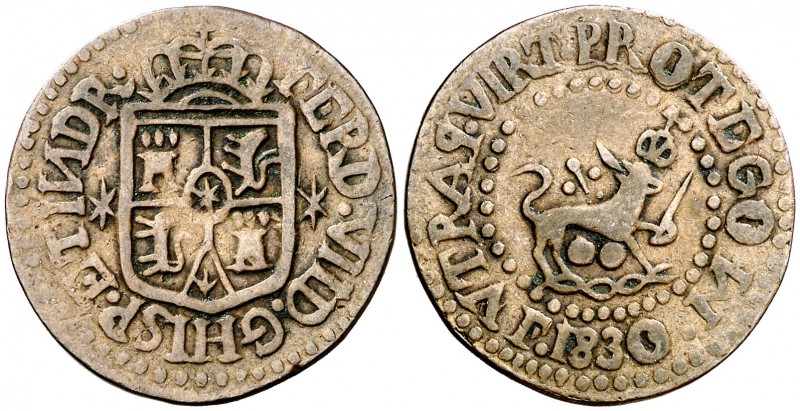 1830. Fernando VII. Manila. 1 cuarto. (Cal. 1610) (Basso 35) (Kr. 7). 2,93 g. Bu...