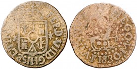 1830. Fernando VII. Manila. 1 cuarto. (Cal. 1610 var) (Basso 35 var) (Kr. 7 var). 2,66 g. Cuarteles cambiados y leones a derecha. MBC-.