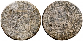 1830. Fernando VII. Manila. 1 cuarto. (Cal. 1610 var) (Basso falta) (Kr. 7 var). 3,53 g. El cero de la fecha escrito como un 9 invertido: 183. BC.