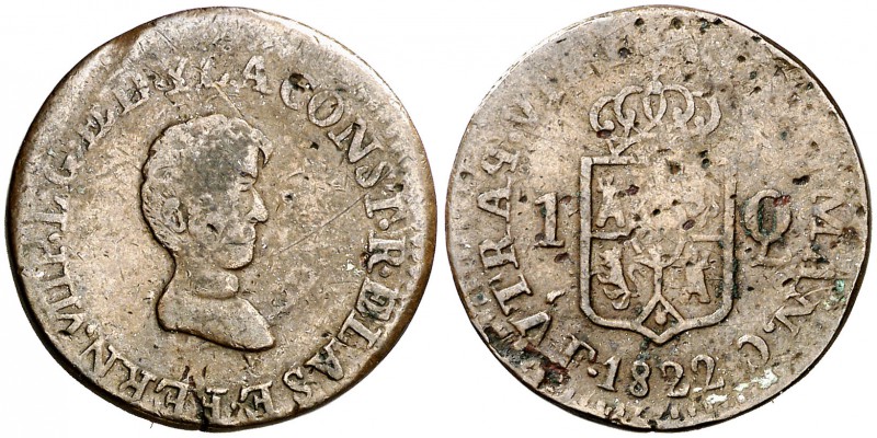 1822. Fernando VII. Manila. C. 1 cuarto. (Cal. 1611) (Basso 37 var) (Kr. 9). 4,3...