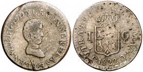1822. Fernando VII. Manila. C. 1 cuarto. (Cal. 1611) (Basso 37 var) (Kr. 9). 4,31 g. Tipo constitucional, con el busto del rey. Busto pequeño, el que ...