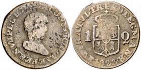 1823. Fernando VII. Manila. R. 1 cuarto. (Cal. 1612) (Basso 38) (Kr. 9). 3,99 g. Tipo constitucional, con el busto del rey. Sin punto a la izquierda d...