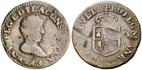1823. Fernando VII. Manila. R. 1 cuarto. (Cal. 1612) (Basso 38) (Kr. 9). 3,55 g. Tipo constitucional, con el busto del rey. Sin punto a la izquierda d...