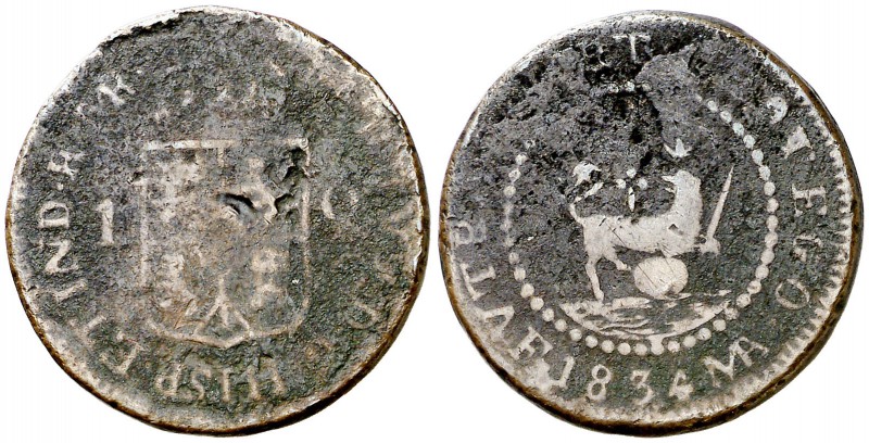 1834. Fernando VII. Manila. 1 cuarto. (Cal. 1597) (Basso 41) (Kr. 10). 4,91 g. T...