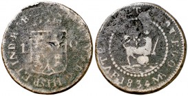 1834. Fernando VII. Manila. 1 cuarto. (Cal. 1597) (Basso 41) (Kr. 10). 4,91 g. Tipo póstumo, con valor. Espada del león estrecha. Escasa. BC/BC+.