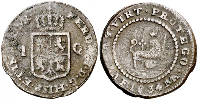 1834. Fernando VII. Manila. 1 cuarto. (Cal. 1597) (Basso 41) (Kr. 10). 3,89 g. T...