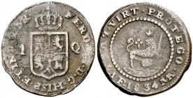 1834. Fernando VII. Manila. 1 cuarto. (Cal. 1597) (Basso 41) (Kr. 10). 3,89 g. Tipo póstumo, con valor. Espada del león ancha. Escasa. MBC-.